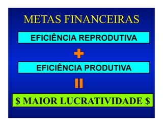 METAS FINANCEIRAS
  EFICIÊNCIA REPRODUTIVA


   EFICIÊNCIA PRODUTIVA



$ MAIOR LUCRATIVIDADE $
 