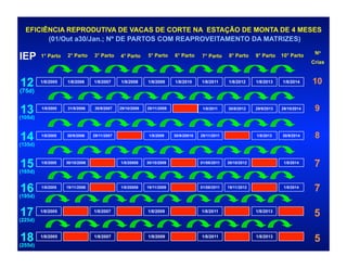EFICIÊNCIA REPRODUTIVA DE VACAS DE CORTE NA ESTAÇÃO DE MONTA DE 4 MESES
        (01/Out a30/Jan.; Nº DE PARTOS COM REAPROVEITAMENTO DA MATRIZES)
                                                                                                                                         No
IEP      1° Parto   2° Parto     3° Parto     4° Parto     5° Parto     6° Parto     7° Parto     8° Parto     9° Parto    10° Parto
                                                                                                                                        Crias



12       1/8/2005   1/8/2006     1/8/2007     1/8/2008     1/8/2009     1/8/2010     1/8/2011     1/8/2012     1/8/2013    1/8/2014     10
(75d)


 13
(105d)
         1/8/2005   31/8/2006    30/9/2007    29/10/2008   28/11/2009                 1/8/2011    30/8/2012    29/9/2013   29/10/2014    9


 14
(135d)
         1/8/2005   30/9/2006    29/11/2007                 1/8/2009    30/9/20010   29/11/2011                1/8/2013    30/9/2014     8


 15
(165d)
         1/8/2005   30/10/2006                1/8/20008    30/10/2009                01/08/2011   30/10/2012                1/8/2014
                                                                                                                                         7

 16
(195d)
         1/8/2005   19/11/2006                1/8/20008    19/11/2009                01/08/2011   19/11/2012                1/8/2014
                                                                                                                                         7

 17
(225d)
         1/8/2005                1/8/2007                  1/8/2009                  1/8/2011                  1/8/2013
                                                                                                                                         5

 18
(255d)
         1/8/2005                1/8/2007                  1/8/2009                  1/8/2011                  1/8/2013
                                                                                                                                         5
 