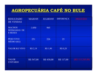 AGROPECUÁRIA CAFÉ NO BULE
RESULTADO       MAIO/05     JULHO/05    DIFERENÇA     PREJUÍZO
DE VENDAS

MACHOS            1.050       985
DESMAMAS DE
8 MESES

PESO VIVO         251         226           25
MÉDIO (KG)


VALOR KG VIVO    R$ 2,18     R$ 1,90      R$ 0,28




VALOR           R$ 547,00   R$ 430,00    R$ 117,00   (R$ 115.245,00)
UNITÁRIO
 