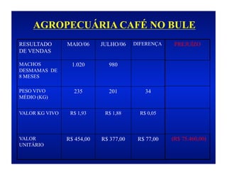 AGROPECUÁRIA CAFÉ NO BULE
RESULTADO       MAIO/06     JULHO/06    DIFERENÇA    PREJUÍZO
DE VENDAS

MACHOS            1.020       980
DESMAMAS DE
8 MESES

PESO VIVO         235         201           34
MÉDIO (KG)


VALOR KG VIVO    R$ 1,93     R$ 1,88      R$ 0,05




VALOR           R$ 454,00   R$ 377,00    R$ 77,00   (R$ 75.460,00)
UNITÁRIO
 