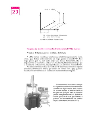 A U L A


23




              Máquina de medir coordenadas tridimensional MMC manual

              Princípio de funcionamento e sistema de leitura

              A MMC manual consiste de uma base de referência rigorosamente plana,
          sobre a qual desliza horizontalmente um corpo guiado no sentido “Y”. Esse
          corpo possui, por sua vez, outro corpo que desliza horizontalmente, e é
          perpendicular ao anterior, no sentido “X”. Finalmente, há um terceiro corpo que
          se movimenta verticalmente, e é perpendicular aos anteriores, no sentido “Z”.
              No lado externo inferior do eixo vertical “Z” é acoplado um sensor especial
          (mecânico, eletrônico ou óptico) que entrará em contato com a peça que será
          medida, movimentando-se de acordo com a capacidade da máquina.




                                                     O movimento de cada eixo é regis-
                                                 trado por um sistema de leitura eletrôni-
                                                 co mostrado digitalmente. Esse sistema
                                                 de leitura oferece a possibilidade de
                                                 zeragem em qualquer posição; introdu-
                                                 ção de cota pré-selecionada no indica-
                                                 dor de qualquer eixo; e, geralmente, é
                                                 possível o acoplamento de um sistema
                                                 de processamento de dados (SPD).
 