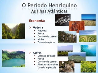 Economia:
 Madeira
•
•
•
•
•

Madeira
Pesca
Cultivo de cereais
Vinha
Cana-de-açúcar

 Açores
•
•
•
•

Criação de gado
Pesca
Cultivo de cereais
Plantas tintureiras
(urzela e pastel)

 