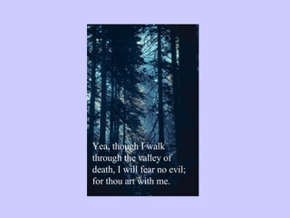 Yea, though I walk through the valley of death, I will fear no evil; for thou art with me. 