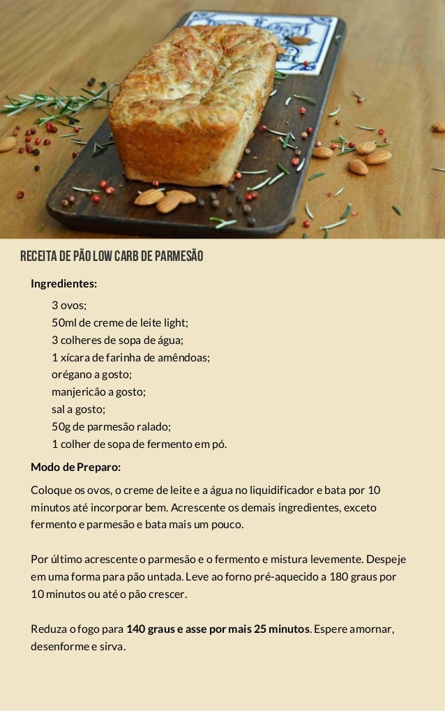 Receitadepãolowcarbdeparmesão
3 ovos;
50ml de creme de leite light;
3 colheres de sopa de água;
1 xícara de farinha de amêndoas;
orégano a gosto;
manjericão a gosto;
sal a gosto;
50g de parmesão ralado;
1 colher de sopa de fermento em pó.
Coloque os ovos, o creme de leite e a água no liquidificador e bata por 10
minutos até incorporar bem. Acrescente os demais ingredientes, exceto
fermento e parmesão e bata mais um pouco.
Por último acrescente o parmesão e o fermento e mistura levemente. Despeje
em uma forma para pão untada. Leve ao forno pré-aquecido a 180 graus por
10 minutos ou até o pão crescer.
Reduza o fogo para 140 graus e asse por mais 25 minutos. Espere amornar,
desenforme e sirva.
Modo de Preparo:
Ingredientes:
 