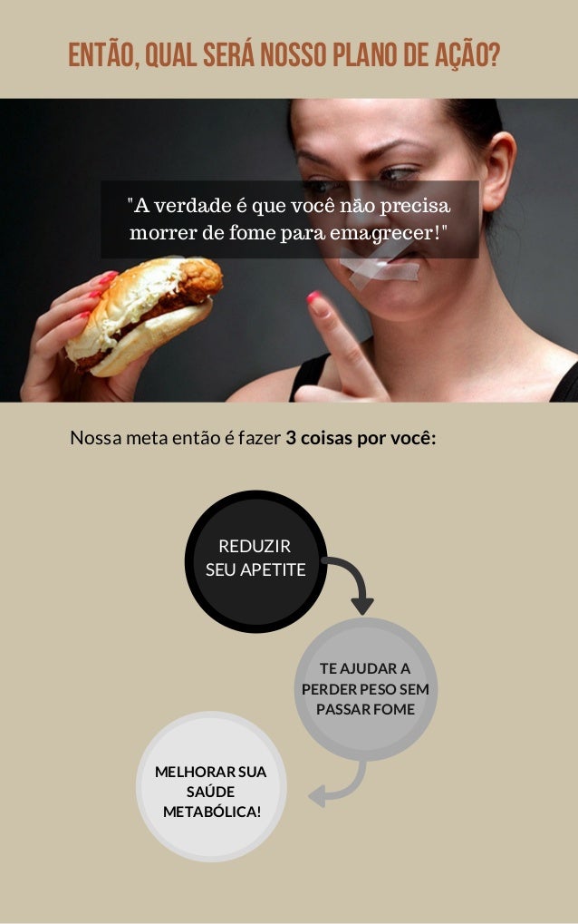 Então,qualseránossoplanodeação?
"A verdade é que você não precisa
morrer de fome para emagrecer!"
Nossa meta então é fazer 3 coisas por você:
TE AJUDAR A
PERDER PESO SEM
PASSAR FOME
MELHORAR SUA
SAÚDE
 METABÓLICA!
REDUZIR
SEU APETITE
 