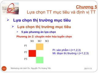 Chương 5
Lựa chọn TT mục tiêu và định vị TT


Lựa chọn thị trường mục tiêu
 Lựa chọn thị trường mục tiêu


5 pác phương án lựa chọn

Phương án 2: chuyên môn hóa tuyển chọn

M1

M2

M3

P1
P2

Pi: sản phẩm i (i=1,2,3)
Mi: đoạn thị ttrường i (i=1,2,3)

P3
101

Marketing căn bản/ Gv. Nguyễn Thị Hoàng Yến

28/11/13

 