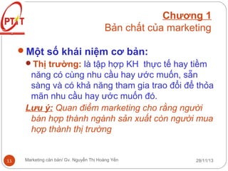 Chương 1
Bản chất của marketing
Một số khái niệm cơ bản:
Thị trường: là tập hợp KH thực tế hay tiềm
năng có cùng nhu cầu hay ước muốn, sẵn
sàng và có khả năng tham gia trao đổi để thỏa
mãn nhu cầu hay ước muốn đó.
Lưu ý: Quan điểm marketing cho rằng người
bán hợp thành ngành sản xuất còn người mua
hợp thành thị trường

11

Marketing căn bản/ Gv. Nguyễn Thị Hoàng Yến

28/11/13

 