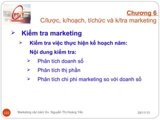 Chương 6
C/lược, k/hoạch, t/chức và k/tra marketing


Kiểm tra marketing


Kiểm tra việc thực hiện kế hoạch năm:
Nội dung kiểm tra:



Phân tích thị phần



122

Phân tích doanh số
Phân tích chi phí marketing so với doanh số

Marketing căn bản/ Gv. Nguyễn Thị Hoàng Yến

28/11/13

 