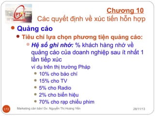 Chương 10
Các quyết định về xúc tiến hỗn hợp
 Quảng cáo
 Tiêu chí lựa chọn phương tiện quảng cáo:
Hệ số ghi nhớ: % khách hàng nhớ về

quảng cáo của doanh nghiệp sau ít nhất 1
lần tiếp xúc
ví dụ trên thị trường Pháp
 10% cho báo chí
 15% cho TV
 5% cho Radio
 2% cho biển hiệu
 70% cho rạp chiếu phim
172

Marketing căn bản/ Gv. Nguyễn Thị Hoàng Yến

28/11/13

 