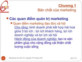 Chương 1
Bản chất của marketing
Các quan điểm quản trị marketing
Quan điểm marketing đạo đức xã hội
Cho rằng: kinh doanh phải kết hợp hài hoà
giữa 3 lợi ích : lợi ích khách hàng, lợi ích
doanh nghiệp và lợi ích xã hội
Hành động của doanh nghiệp: tạo ra sản
phẩm giúp cho cộng đồng cải thiện chất
lượng cuộc sống

18

Marketing căn bản/ Gv. Nguyễn Thị Hoàng Yến

28/11/13

 