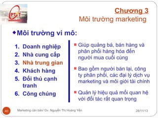 Chương 3
Môi trường marketing
Môi trường vi mô:
1.
2.
3.
4.
5.

Doanh nghiệp
Nhà cung cấp
Nhà trung gian
Khách hàng
Đối thủ cạnh
tranh
6. Công chúng
40

Giúp quảng bá, bán hàng và
phân phối hàng hóa đến
người mua cuối cùng
Bao gồm người bán lại, công
ty phân phối, các đại lý dịch vụ
marketing và môi giới tài chính
Quản lý hiệu quả mối quan hệ
với đối tác rất quan trọng

Marketing căn bản/ Gv. Nguyễn Thị Hoàng Yến

28/11/13

 
