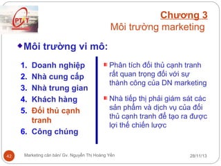 Chương 3
Môi trường marketing
Môi trường vi mô:
1.
2.
3.
4.
5.

Doanh nghiệp
Nhà cung cấp
Nhà trung gian
Khách hàng
Đối thủ cạnh
tranh
6. Công chúng
42

Phân tích đối thủ cạnh tranh
rất quan trọng đối với sự
thành công của DN marketing
Nhà tiếp thị phải giám sát các
sản phẩm và dịch vụ của đối
thủ cạnh tranh để tạo ra được
lợi thế chiến lược

Marketing căn bản/ Gv. Nguyễn Thị Hoàng Yến

28/11/13

 