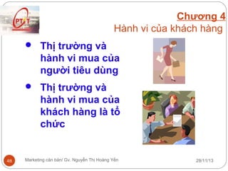 Chương 4
Hành vi của khách hàng
 Thị trường và

hành vi mua của
người tiêu dùng
 Thị trường và

hành vi mua của
khách hàng là tổ
chức

48

Marketing căn bản/ Gv. Nguyễn Thị Hoàng Yến

28/11/13

 