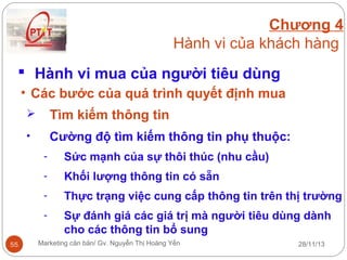Chương 4
Hành vi của khách hàng
 Hành vi mua của người tiêu dùng
• Các bước của quá trình quyết định mua


Tìm kiếm thông tin

•

Cường độ tìm kiếm thông tin phụ thuộc:
-

Khối lượng thông tin có sẵn

-

Thực trạng việc cung cấp thông tin trên thị trường

55

Sức mạnh của sự thôi thúc (nhu cầu)

Sự đánh giá các giá trị mà người tiêu dùng dành
cho các thông tin bổ sung

Marketing căn bản/ Gv. Nguyễn Thị Hoàng Yến

28/11/13

 