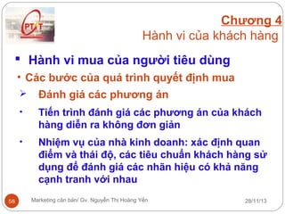 Chương 4
Hành vi của khách hàng
 Hành vi mua của người tiêu dùng
• Các bước của quá trình quyết định mua

•

Tiến trình đánh giá các phương án của khách
hàng diễn ra không đơn giản

•

58

Đánh giá các phương án

Nhiệm vụ của nhà kinh doanh: xác định quan
điểm và thái độ, các tiêu chuẩn khách hàng sử
dụng để đánh giá các nhãn hiệu có khả năng
cạnh tranh với nhau
Marketing căn bản/ Gv. Nguyễn Thị Hoàng Yến

28/11/13

 