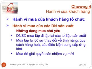 Chương 4
Hành vi của khách hàng
 Hành vi mua của khách hàng tổ chức

Hành vi mua của các DN sản xuất







68

Những dạng mua chủ yếu
DNSX mua lặp đi lặp lại các tư liệu sản xuất
Mua lặp lại có sự thay đổi về tính năng, quy
cách hàng hoá, các điều kiện cung cấp ứng
khá
Mua để giải quyết các nhiệm vụ mới

Marketing căn bản/ Gv. Nguyễn Thị Hoàng Yến

28/11/13

 