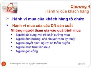 Chương 4
Hành vi của khách hàng
 Hành vi mua của khách hàng tổ chức

Hành vi mua của các DN sản xuất



Những người tham gia vào quá trình mua






69

Người sử dụng: vai trò khởi xướng mua
Người ảnh hưởng: các chuyên viên kỹ thuật
Người quyết định: người có thẩm quyền
Người mua:trực tiếp mua
Người gác cổng

Marketing căn bản/ Gv. Nguyễn Thị Hoàng Yến

28/11/13

 