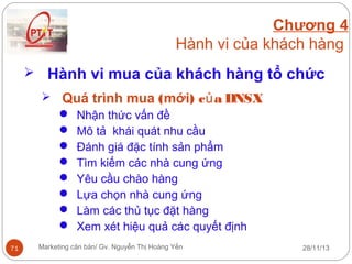 Chương 4
Hành vi của khách hàng
 Hành vi mua của khách hàng tổ chức
 Quá trình mua (mới) c ủ a DNSX
 Nhận thức vấn đề
 Mô tả khái quát nhu cầu
 Đánh giá đặc tính sản phẩm
 Tìm kiếm các nhà cung ứng
 Yêu cầu chào hàng
 Lựa chọn nhà cung ứng
 Làm các thủ tục đặt hàng
 Xem xét hiệu quả các quyết định
71

Marketing căn bản/ Gv. Nguyễn Thị Hoàng Yến

28/11/13

 