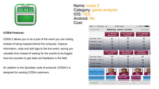 Name: icoda 2 
Category: game analysis 
IOS: YES 
Android: No 
Cost: 
iCODA Features: 
CODA 2 allows you to be a part of the event you are coding, 
instead of being trapped behind the computer. Capture 
information, code and add tags to the live event, saving you 
valuable time instead of waiting for the events to be logged. 
Use live counters to get stats and feedback in the field. 
An addition to the Sportstec suite of products; iCODA 2 is 
designed for existing CODA customers. 
 