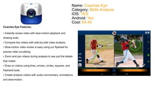 Name: Coaches Eye 
Category: Skills Analysis 
IOS: YES 
Android: Yes 
Cost: €4.49 
Coaches Eye Features; 
• Instantly review video with slow-motion playback and 
drawing tools. 
• Compare two videos with side-by-side video analysis. 
• Slow-motion video review is easy using our flywheel for 
precise video scrubbing. 
• Zoom and pan videos during analysis to see just the details 
that matter. 
• Draw on videos using lines, arrows, circles, squares, and 
freehand tools. 
• Create analysis videos with audio commentary, annotations, 
and slow-motion. 
 