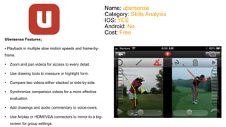 Name: ubersense 
Category: Skills Analysis 
IOS: YES 
Android: No 
Cost: Free 
Ubersense Features; 
• Playback in multiple slow motion speeds and frame-by-frame. 
• Zoom and pan videos for access to every detail. 
• Use drawing tools to measure or highlight form. 
• Compare two videos either stacked or side-by-side. 
• Synchronize comparison videos for a more effective 
evaluation. 
• Add drawings and audio commentary to voice-overs. 
• Use Airplay or HDMI/VGA connectors to mirror to a big-screen 
for group settings. 
 