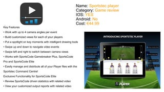 Name: Sportstec player 
Category: Game review 
IOS: YES 
Android: No 
Cost: €44.99 
Key Features 
• Work with up to 4 camera angles per event 
• Build customized views for each of your players 
• Put a spotlight on key moments with intelligent drawing tools 
• Swipe up and down to navigate video events 
• Swipe left and right to switch between camera views 
• Works with SportsCode Gamebreaker Plus, SportsCode 
Pro and SportsCode Elite 
• Easily manage and distribute all of your Player files with the 
Sportstec Command Centre! 
Exclusive Functionality for SportsCode Elite 
• Review SportsCode driven statistics with related video 
• View your customized output reports with related video 
 