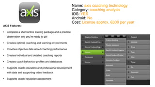Name: axis coaching technology 
Category: coaching analysis 
IOS: YES 
Android: No 
Cost: License approx. €800 per year 
AXIS Features; 
• Complete a short online training package and a practice 
observation and you’re ready to go! 
• Creates optimal coaching and learning environments 
• Provides objective data about coaching performance 
• Creates individual and detailed coaching reports 
• Creates coach behaviour profiles and databases 
• Supports coach education and professional development 
with data and supporting video feedback 
• Supports coach education assessment 
 