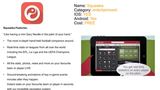 Name: Squawka 
Category: entertainment 
IOS: YES 
Android: Yes 
Cost: FREE 
Squawka Features; 
“Like having a mini Gary Neville in the palm of your hand.” 
• The most in-depth hand-held football companion around. 
• Real-time stats on leagues from all over the world 
including the EPL, La Liga and the UEFA Champions 
League. 
• All the stats, photos, news and more on your favourite 
team or player LIVE 
• Ground-breaking animations of key in-game events 
minutes after they happen. 
Instant stats on your favourite team or player in seconds 
with our incredible navigation system. 
 