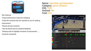 Name: Sportstec gamebreaker 
Category: game analysis 
IOS: YES 
Android: No 
Cost: free 
Key Features: 
*Import performance (video) for analysing. 
*Code the moments that are important to you for seeking 
improvement. 
*Review the key moments. 
*Use the Movie dock for powerful feedback. 
*Drawing tools to highlight moments of improvement ..... 
moments of potential. 
 