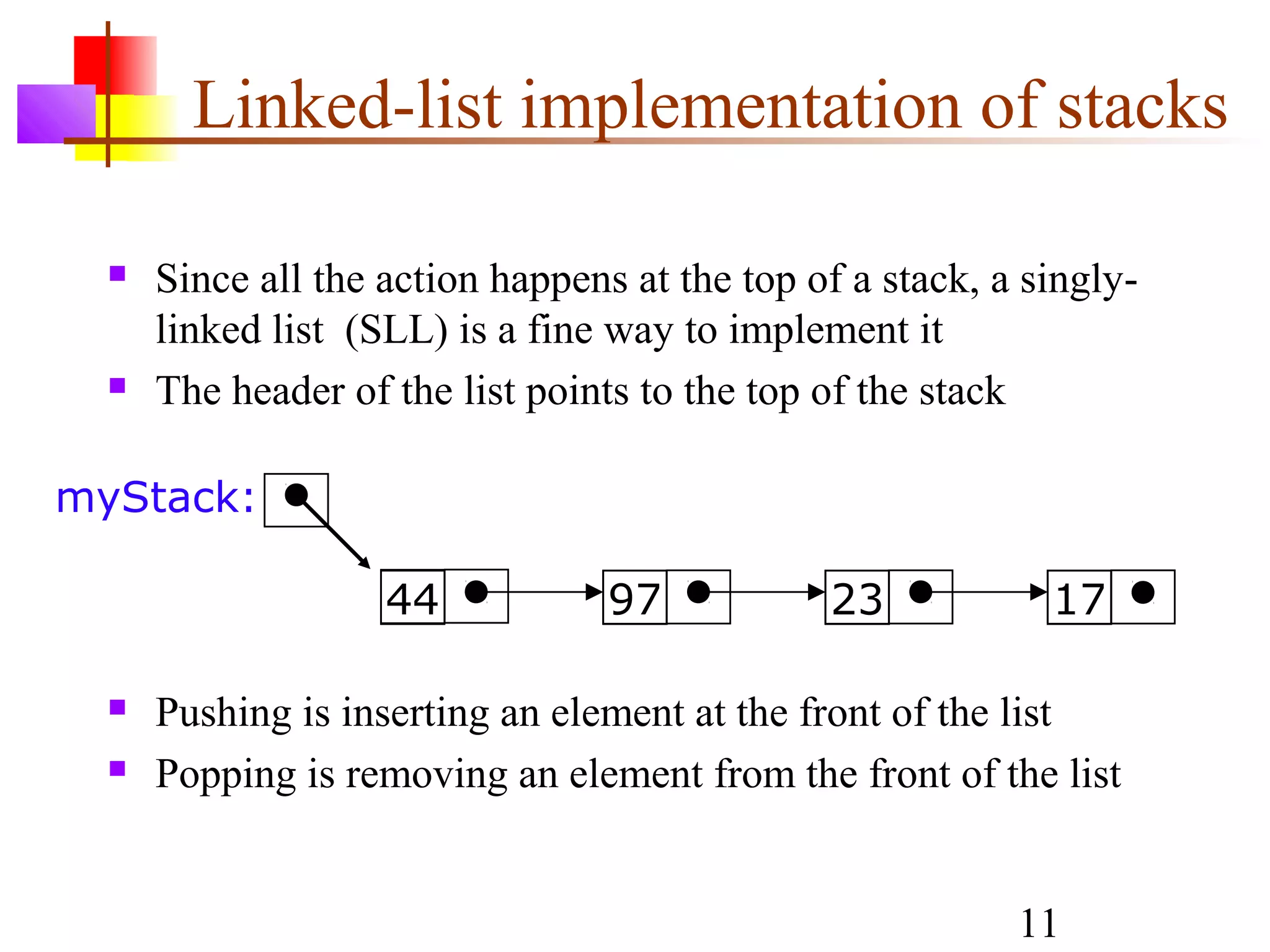 11
Linked-list implementation of stacks
 Since all the action happens at the top of a stack, a singly-
linked list (SLL) is a fine way to implement it
 The header of the list points to the top of the stack
44 97 23 17
myStack:
 Pushing is inserting an element at the front of the list
 Popping is removing an element from the front of the list
 