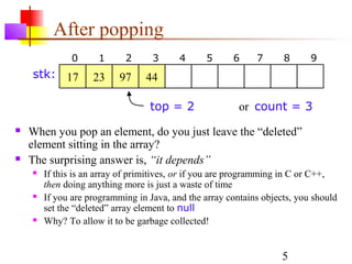 5
After popping
 When you pop an element, do you just leave the “deleted”
element sitting in the array?
 The surprising answer is, “it depends”
 If this is an array of primitives, or if you are programming in C or C++,
then doing anything more is just a waste of time
 If you are programming in Java, and the array contains objects, you should
set the “deleted” array element to null
 Why? To allow it to be garbage collected!
top = 2 or count = 3
0 1 2 3 4 5 6 7 8 9
17 23 97 44stk:
 