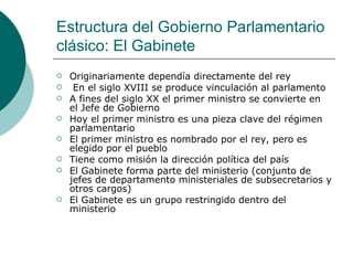 Estructura del Gobierno Parlamentario clásico: El Gabinete Originariamente dependía directamente del rey En el siglo XVIII se produce vinculación al parlamento A fines del siglo XX el primer ministro se convierte en el Jefe de Gobierno Hoy el primer ministro es una pieza clave del régimen parlamentario El primer ministro es nombrado por el rey, pero es elegido por el pueblo Tiene como misión la dirección política del país El Gabinete forma parte del ministerio (conjunto de jefes de departamento ministeriales de subsecretarios y otros cargos) El Gabinete es un grupo restringido dentro del ministerio 
