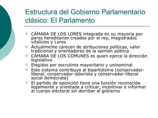 Estructura del Gobierno Parlamentario clásico: El Parlamento CÁMARA DE LOS LORES integrada en su mayoría por pares hereditarios creados por el rey, magistrados vitalicios y Lores Actualmente carecen de atribuciones políticas, valor tradicional y orientadores de la opinión pública CÁMARA DE LOS COMUNES es quien ejerce la dirección legislativa Elegidos por escrutinio mayoritario y uninominal Este sistema contribuye al bipartidismo (conservador-liberal; conservador-laborista y conservador-liberal social demócrata) El partido de oposición tiene una función reconocida legalmente y orientada a criticar, incentivar e informar al cuerpo electoral sin derribar al gobierno 