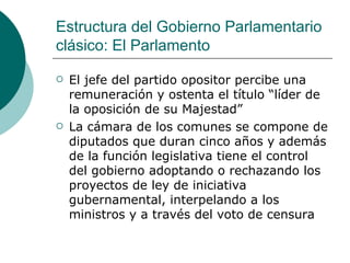 Estructura del Gobierno Parlamentario clásico: El Parlamento El jefe del partido opositor percibe una remuneración y ostenta el título “líder de la oposición de su Majestad” La cámara de los comunes se compone de diputados que duran cinco años y además de la función legislativa tiene el control del gobierno adoptando o rechazando los proyectos de ley de iniciativa gubernamental, interpelando a los ministros y a través del voto de censura 