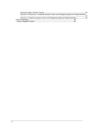 ii
Instructor Note: Activity Timing..............................................................................76
Activity 4 Introduction: Enabling Vacation Rules and Delegating Approval Responsibilities
.........................................................................................................................77
Activity 4: Enabling Vacation Rules and Delegating Approval Responsibilities.................78
Lesson Highlights ....................................................................................79
Lesson Highlight Details .........................................................................80
 