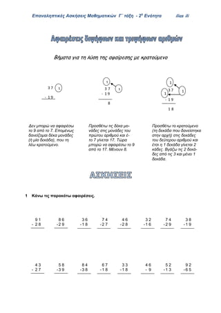 Επαναληπτικές Ασκήσεις Μαθηματικών Γ΄ τάξη - 2η
Ενότητα ilias ili
Βήματα για τη λύση της αφαίρεσης με κρατούμενο
Δεν μπορώ να αφαιρέσω Προσθέτω τις δέκα μο- Προσθέτω το κρατούμενο
το 9 από το 7. Επομένως νάδες στις μονάδες του (τη δεκάδα που δανείστηκα
δανείζομαι δέκα μονάδες πρώτου αριθμού και έ- στην αρχή) στις δεκάδες
(ή μία δεκάδα), που τη το 7 γίνεται 17. Τώρα του δεύτερου αριθμού και
λέω κρατούμενο. μπορώ να αφαιρέσω το 9 έτσι η 1 δεκάδα γίνεται 2
από το 17. Μένουν 8. κάδες. Βγάζω τις 2 δεκά-
δες από τις 3 και μένει 1
δεκάδα.
1 Κάνω τις παρακάτω αφαιρέσεις.
9 1 8 6 3 6 7 4 4 6 3 2 7 4 3 8
- 2 8 -2 9 -1 8 -2 7 -2 8 -1 6 -2 9 -1 9
4 3 5 8 8 4 6 7 3 3 4 6 5 2 9 2
- 2 7 -3 9 -3 8 -1 8 -1 8 - 9 -1 3 -6 5
3 7
- 1 9
1 3 7
- 1 9
8
1
1
3 7
- 1 9
1 8
1
1
1
 