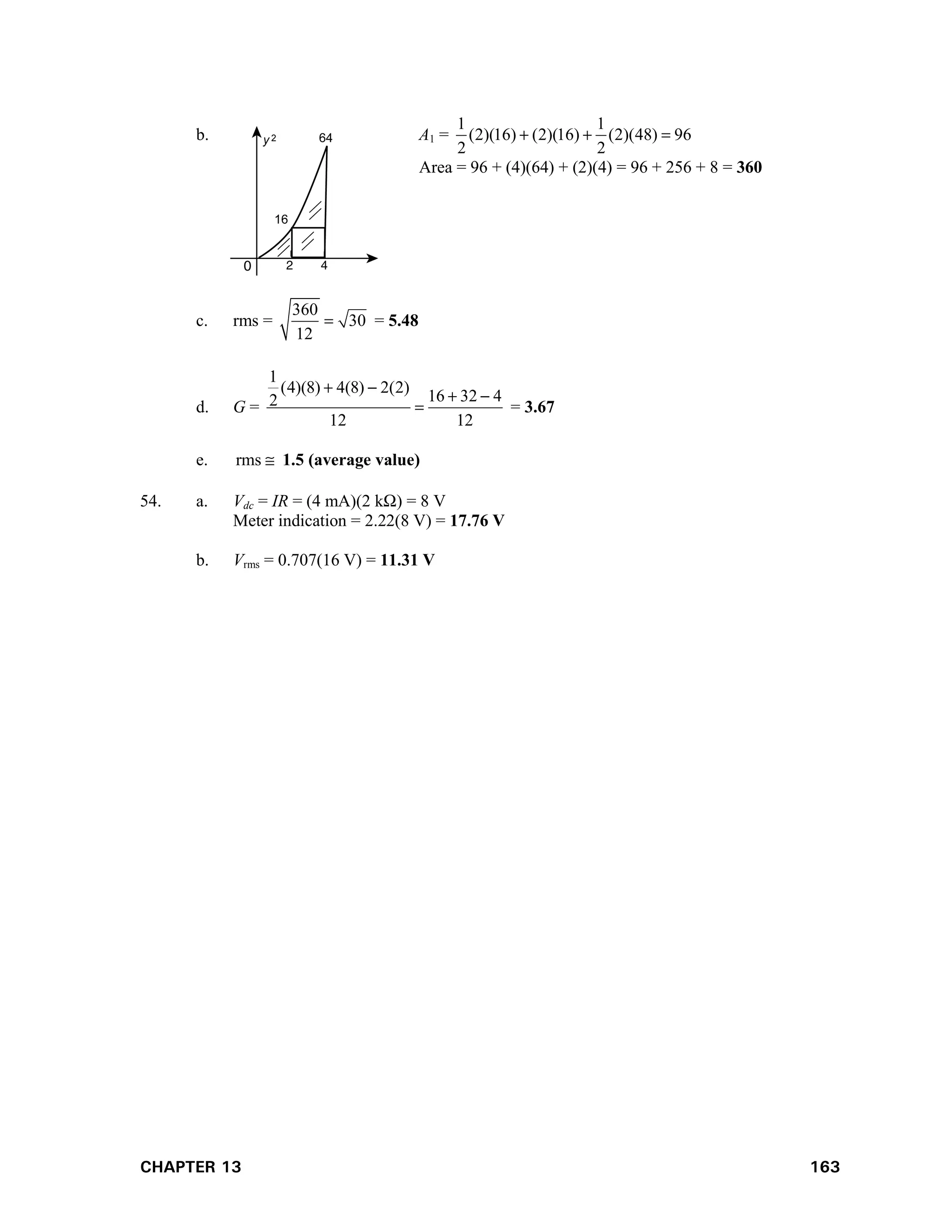 CHAPTER 13 163
b. A1 =
1 1
(2)(16) (2)(16) (2)(48) 96
2 2
  
Area = 96 + (4)(64) + (2)(4) = 96 + 256 + 8 = 360
c. rms =
360
30
12
 = 5.48
d. G =
1
(4)(8) 4(8) 2(2)
16 32 4
2
12 12
 
 
 = 3.67
e. rms  1.5 (average value)
54. a. Vdc = IR = (4 mA)(2 k) = 8 V
Meter indication = 2.22(8 V) = 17.76 V
b. Vrms = 0.707(16 V) = 11.31 V
 