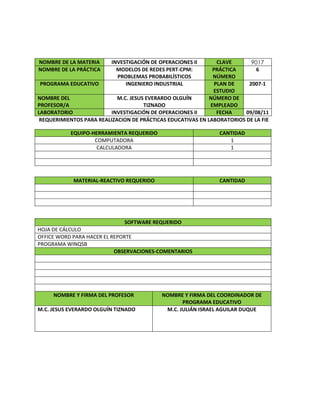 REQUERIMIENTOS PARA REALIZACION DE PRÁCTICAS EDUCATIVAS EN LABORATORIOS DE LA FIE
SOFTWARE REQUERIDO
HOJA DE CÁLCULO
OFFICE WORD PARA HACER EL REPORTE
PROGRAMA WINQSB
OBSERVACIONES-COMENTARIOS
NOMBRE Y FIRMA DEL PROFESOR NOMBRE Y FIRMA DEL COORDINADOR DE
PROGRAMA EDUCATIVO
M.C. JESUS EVERARDO OLGUÍN TIZNADO M.C. JULIÁN ISRAEL AGUILAR DUQUE
NOMBRE DE LA MATERIA INVESTIGACIÓN DE OPERACIONES II CLAVE 9017
NOMBRE DE LA PRÁCTICA MODELOS DE REDES PERT-CPM:
PROBLEMAS PROBABILÍSTICOS
PRÁCTICA
NÚMERO
6
PROGRAMA EDUCATIVO INGENIERO INDUSTRIAL PLAN DE
ESTUDIO
2007-1
NOMBRE DEL
PROFESOR/A
M.C. JESUS EVERARDO OLGUÍN
TIZNADO
NÚMERO DE
EMPLEADO
LABORATORIO INVESTIGACIÓN DE OPERACIONES II FECHA 09/08/11
EQUIPO-HERRAMIENTA REQUERIDO CANTIDAD
COMPUTADORA 1
CALCULADORA 1
MATERIAL-REACTIVO REQUERIDO CANTIDAD
 