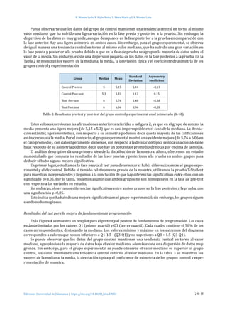 H. Montes-León, R. Hijón-Neira, D. Pérez-Marín y S. R. Montes-León
Ediciones Universidad de Salamanca | https://doi.org/10.14201/eks.23002	 24 - 8
Puede observarse que los datos del grupo de control mantienen una tendencia central en torno al mismo
valor mediano, que ha sufrido una ligera variación en la fase previa y posterior a la prueba. Sin embargo, la
dispersión de los datos es muy grande, aunque desaparece en la fase posterior a la prueba en comparación con
la fase anterior. Hay una ligera asimetría en ambos casos. Sin embargo, para el grupo experimental, se observa
de igual manera una tendencia central en torno al mismo valor mediano, que ha sufrido una gran variación en
la fase previa y posterior a la prueba debido a que en la fase de prueba se agrupan la mayoría de datos sobre el
valor de la media. Sin embargo, existe una dispersión pequeña de los datos en la fase posterior a la prueba. En la
Tabla 2 se muestran los valores de la mediana, la media, la desviación típica y el coeficiente de asimetría de los
grupos control y experimentación.
Group Median Mean
Standard
Deviation
Asymmetry
coefficient
Control Pre-test 5 5,15 1,44 -0,13
Control Post-test 5,3 5,33 1,12 0,15
Test Pre-test 6 5,76 1,48 -0,38
Test Post-test 6 6,06 0,96 -0,28
Tabla 2. Resultados pre-test y post-test del grupo control y experimental en el primer año (K-10).
Estos valores corroboran las afirmaciones anteriores referidas a la figura 2, ya que en el grupo de control la
media presenta una ligera mejora (de 5,15 a 5,3) que es casi imperceptible en el caso de la mediana. La desvia-
ción estándar, ligeramente baja, con respecto a su asimetría podemos decir que la mayoría de las calificaciones
están cercanas a la media. Por el contrario, el grupo experimental mostró una evidente mejora (de 5,76 a 6,06 en
el caso promedio), con datos ligeramente dispersos, con respecto a la desviación típica se nota una considerable
baja; respecto de su asimetría podemos decir que hay un porcentaje promedio de notas por encima de la media.
El análisis descriptivo da una primera idea de la distribución de la muestra. Ahora, ofrecemos un estudio
más detallado que compara los resultados de las fases previas y posteriores a la prueba en ambos grupos para
deducir si hubo alguna mejora significativa.
En primer lugar, estudiamos la fase previa al test para determinar si había diferencias entre el grupo expe-
rimental y el de control. Debido al tamaño relativamente grande de la muestra, utilizamos la prueba T-Student
para muestras independientes y llegamos a la conclusión de que hay diferencias significativas entre ellos, con un
significado p<0,05. Por lo tanto, podemos asumir que ambos grupos no son homogéneos en la fase de pre-test
con respecto a las variables en estudio,
Sin embargo, observamos diferencias significativas entre ambos grupos en la fase posterior a la prueba, con
una significación p<0,05.
Esto indica que ha habido una mejora significativa en el grupo experimental; sin embargo, los grupos siguen
siendo no homogéneos.
Resultados del test para la mejora de fundamentos de programación
En la Figura 4 se muestra un boxplot para el pretest y el postest de fundamentos de programación. Las cajas
están delimitadas por los valores Q1 (primer cuartil) y Q3 (tercer cuartil). Cada cuadro contiene el 50% de los
casos correspondientes, destacando la mediana. Los valores mínimo y máximo en los extremos del diagrama
corresponden a valores que no son inferiores a Q1-1.5 - (Q3-Q1) y no superiores a Q3 + 1.5 (Q3-Q1).
Se puede observar que los datos del grupo control mantienen una tendencia central en torno al valor
mediano, agrupándose la mayoría de datos bajo el valor mediano, además existe una dispersión de datos muy
grande. Sin embargo, para el grupo experimental se puede observar el valor mediano es superior al grupo
control, los datos mantienen una tendencia central entorno al valor mediano. En la tabla 3 se muestran los
valores de la mediana, la media, la desviación típica y el coeficiente de asimetría de los grupos control y expe-
rimentación de muestra.
 
