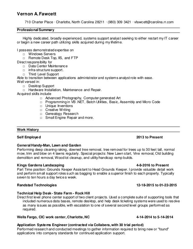 Vernon Fawcett Most Current Resume