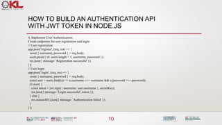 HOW TO BUILD AN AUTHENTICATION API
WITH JWT TOKEN IN NODE.JS
10
4. Implement User Authentication:
Create endpoints for user registration and login:
// User registration
app.post('/register', (req, res) => {
const { username, password } = req.body;
users.push({ id: users.length + 1, username, password });
res.json({ message: 'Registration successful' });
});
// User login
app.post('/login', (req, res) => {
const { username, password } = req.body;
const user = users.find((u) => u.username === username && u.password === password);
if (user) {
const token = jwt.sign({ username: user.username }, secretKey);
res.json({ message: 'Login successful', token });
} else {
res.status(401).json({ message: 'Authentication failed' });
}
});
 