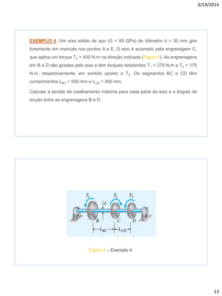 3/19/2014
13
EXEMPLO 4. Um eixo sólido de aço (G = 80 GPa) de diâmetro d = 30 mm gira
livremente em mancais nos pontos A e E. O eixo é acionado pela engrenagem C,
que aplica um torque T2 = 450 N.m na direção indicada (Figura 5). As engrenagens
em B e D são giradas pelo eixo e têm torques resistentes T1 = 275 N.m e T3 = 175
N.m, respectivamente, em sentido oposto a T2. Os segmentos BC e CD têm
comprimentos LBC = 500 mm e LCD = 400 mm.
Calcular a tensão de cisalhamento máxima para cada parte do eixo e o ângulo de
torção entre as engrenagens B e D.
Figura 5 – Exemplo 4.
 