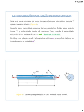 3/19/2014
4
Seja uma barra prismática de seção transversal circular submetida a torques T
agindo nas extremidades (Figura 3).
Suponha que a extremidade esquerda da barra esteja fixa. Então, sob a ação to
torque T, a extremidade direita irá rotacionar (com relação à extremidade
esquerda) de um pequeno ângulo f ângulo de torção f (x).
Devido a essa rotação, uma linha longitudinal retilínea pq na superfície da barra se
tornará uma curva helicoidal pq’.
Figura 3 – Deformações por torção de uma barra de seção circular.
 