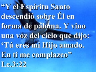 “ Y el Espíritu Santo descendió sobre Él en forma de paloma. Y vino una voz del cielo que dijo: ‘Tú eres mi Hijo amado. En ti me complazco” Lc.3:22 