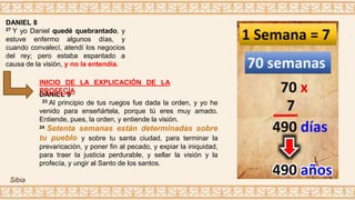 DANIEL 9
23 Al principio de tus ruegos fue dada la orden, y yo he
venido para enseñártela, porque tú eres muy amado.
Entiende, pues, la orden, y entiende la visión.
24 Setenta semanas están determinadas sobre
tu pueblo y sobre tu santa ciudad, para terminar la
prevaricación, y poner fin al pecado, y expiar la iniquidad,
para traer la justicia perdurable, y sellar la visión y la
profecía, y ungir al Santo de los santos.
INICIO DE LA EXPLICACIÓN DE LA
PROFECÍA
DANIEL 8
27 Y yo Daniel quedé quebrantado, y
estuve enfermo algunos días, y
cuando convalecí, atendí los negocios
del rey; pero estaba espantado a
causa de la visión, y no la entendía.
Sibia
 