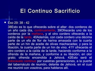 El Continuo Sacrificio


Exo 29: 38 - 42
38Esto es lo que ofrecerás sobre el altar: dos corderos de
38
un año cada día, continuamente. 39Ofrecerás uno de los
corderos por la mañana, y el otro cordero ofrecerás a la
caída de la tarde. 40Además, con cada cordero una décima
parte de un efa de flor de harina amasada con la cuarta
parte de un hin de aceite de olivas machacadas; y para la
libación, la cuarta parte de un hin de vino. 41Y ofrecerás el
otro cordero a la caída de la tarde, haciendo conforme a la
ofrenda de la mañana, y conforme a su libación, en olor
grato; ofrenda encendida a Jehová. 42Esto será el
holocausto continuo por vuestras generaciones, a la puerta
del tabernáculo de reunión, delante de Jehová, en el cual
me reuniré con vosotros, para hablaros allí.

 