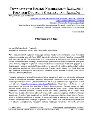 KRS 00000 26259 Regon 690 000 310 Stowarzyszenie zarejestrowane od 1990 roku
PKO BP S.A. I Oddział Rzeszów, konto 10 1020 ...