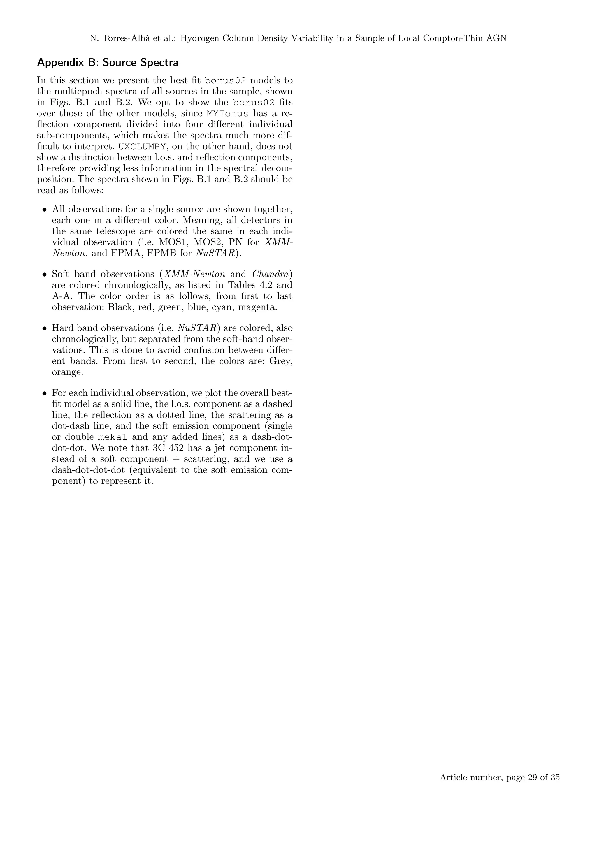 N. Torres-Albà et al.: Hydrogen Column Density Variability in a Sample of Local Compton-Thin AGN
Appendix B: Source Spectra
In this section we present the best fit borus02 models to
the multiepoch spectra of all sources in the sample, shown
in Figs. B.1 and B.2. We opt to show the borus02 fits
over those of the other models, since MYTorus has a re-
flection component divided into four different individual
sub-components, which makes the spectra much more dif-
ficult to interpret. UXCLUMPY, on the other hand, does not
show a distinction between l.o.s. and reflection components,
therefore providing less information in the spectral decom-
position. The spectra shown in Figs. B.1 and B.2 should be
read as follows:
• All observations for a single source are shown together,
each one in a different color. Meaning, all detectors in
the same telescope are colored the same in each indi-
vidual observation (i.e. MOS1, MOS2, PN for XMM-
Newton, and FPMA, FPMB for NuSTAR).
• Soft band observations (XMM-Newton and Chandra)
are colored chronologically, as listed in Tables 4.2 and
A-A. The color order is as follows, from first to last
observation: Black, red, green, blue, cyan, magenta.
• Hard band observations (i.e. NuSTAR) are colored, also
chronologically, but separated from the soft-band obser-
vations. This is done to avoid confusion between differ-
ent bands. From first to second, the colors are: Grey,
orange.
• For each individual observation, we plot the overall best-
fit model as a solid line, the l.o.s. component as a dashed
line, the reflection as a dotted line, the scattering as a
dot-dash line, and the soft emission component (single
or double mekal and any added lines) as a dash-dot-
dot-dot. We note that 3C 452 has a jet component in-
stead of a soft component + scattering, and we use a
dash-dot-dot-dot (equivalent to the soft emission com-
ponent) to represent it.
Article number, page 29 of 35
 