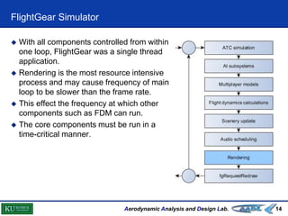 Aerodynamic Analysis and Design Lab.
FlightGear Simulator
14
 With all components controlled from within
one loop, FlightGear was a single thread
application.
 Rendering is the most resource intensive
process and may cause frequency of main
loop to be slower than the frame rate.
 This effect the frequency at which other
components such as FDM can run.
 The core components must be run in a
time-critical manner.
 