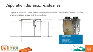 ØÉpuration intensive : usage d'électricité pour diverses étapes (transfert) et l'apport d'oxygène
ØSystèmes à boue activée ou à biomasse fixée
L’épuration des eaux résiduaires
 